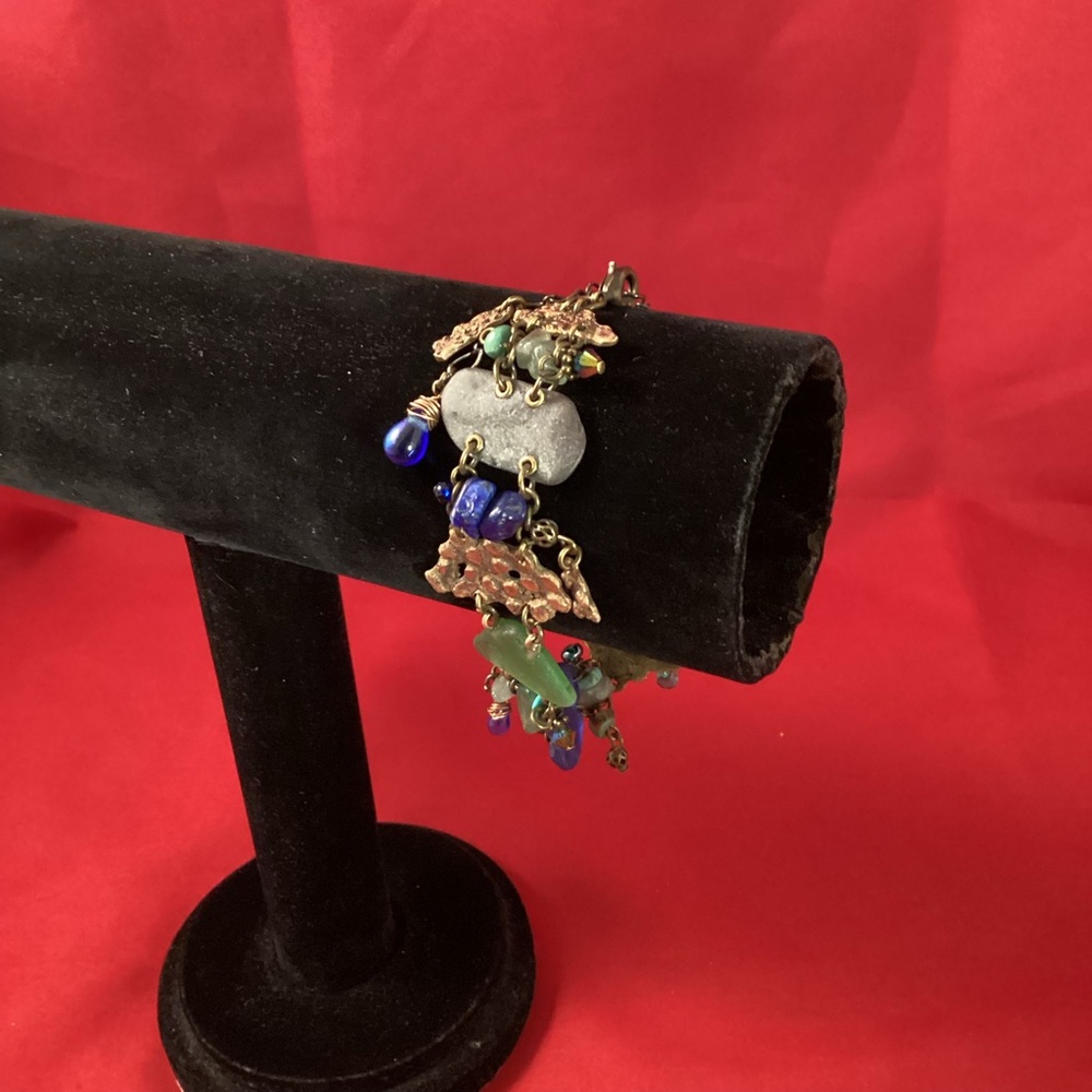 Glass, brass and wood bracelet